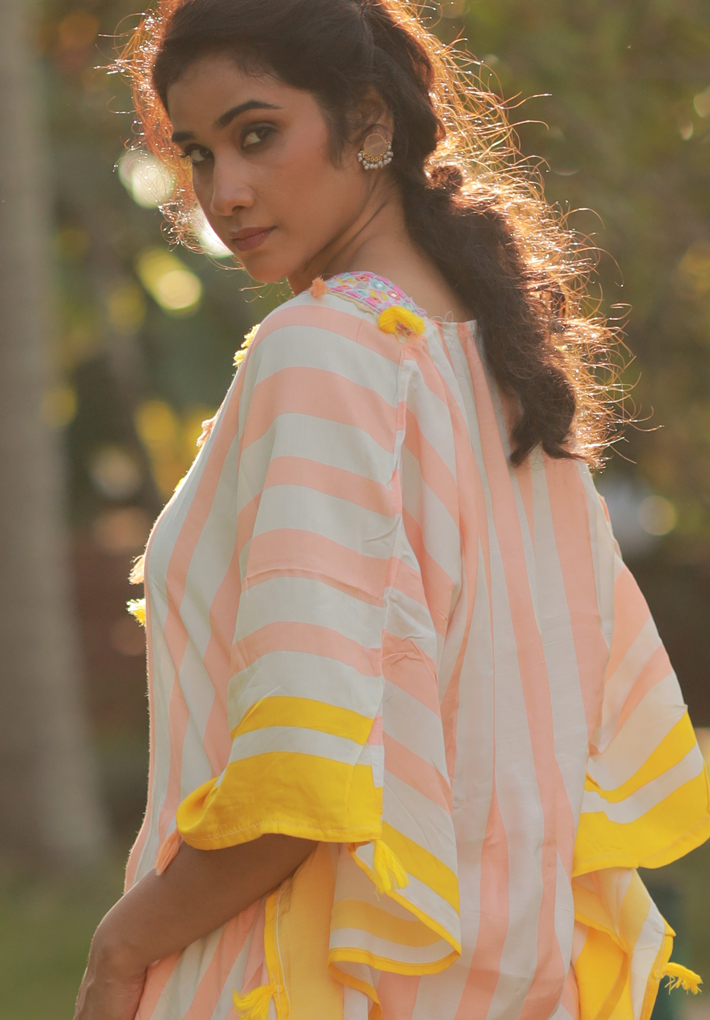 2Pc kaftan - Peach color kaftan with white stripes and yellow hand design along with matching pants