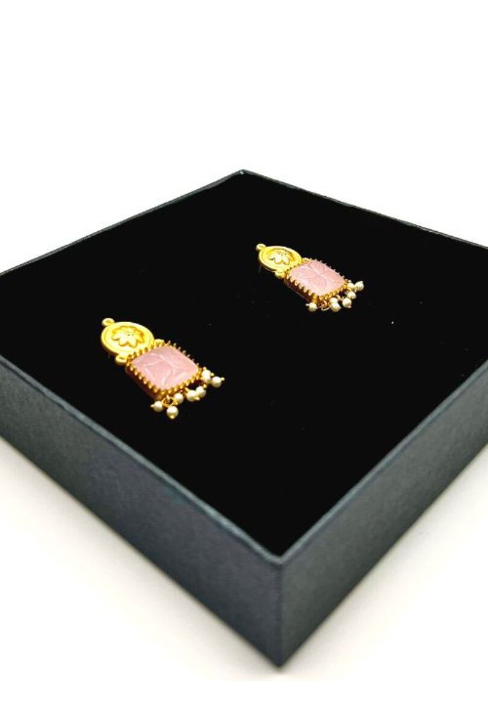 Beautiful gold plated earring set featuring baby pink stone and pearl beads. Handcrafted statement jewellery.