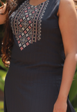 Kurti - Dark blue liva patterned rayon sleeveless kurti. Straight hemline.