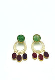 Beautiful gold plated earring set featuring red and green raw stones. Handcrafted statement jewellery.