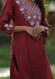 Kurti - Red patterned rayon kurti with embroidery. 3/4th sleeve. Straight hemline.