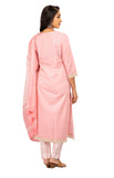 3 Piece Salwar - 100% Cotton pink salwar with white prints and crochet works. Matching 2 metre long dupatta in pink with white floral prints. White pants with pink prints matching the dupatta.