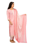 3 Piece Salwar - 100% Cotton pink salwar with white prints and crochet works. Matching 2 metre long dupatta in pink with white floral prints. White pants with pink prints matching the dupatta.