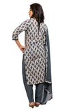 3 Piece Salwar - 100% Cotton beige salwar with grey prints. Dark grey plain 2 metre long dupatta with edge design matching the salwar fabric.