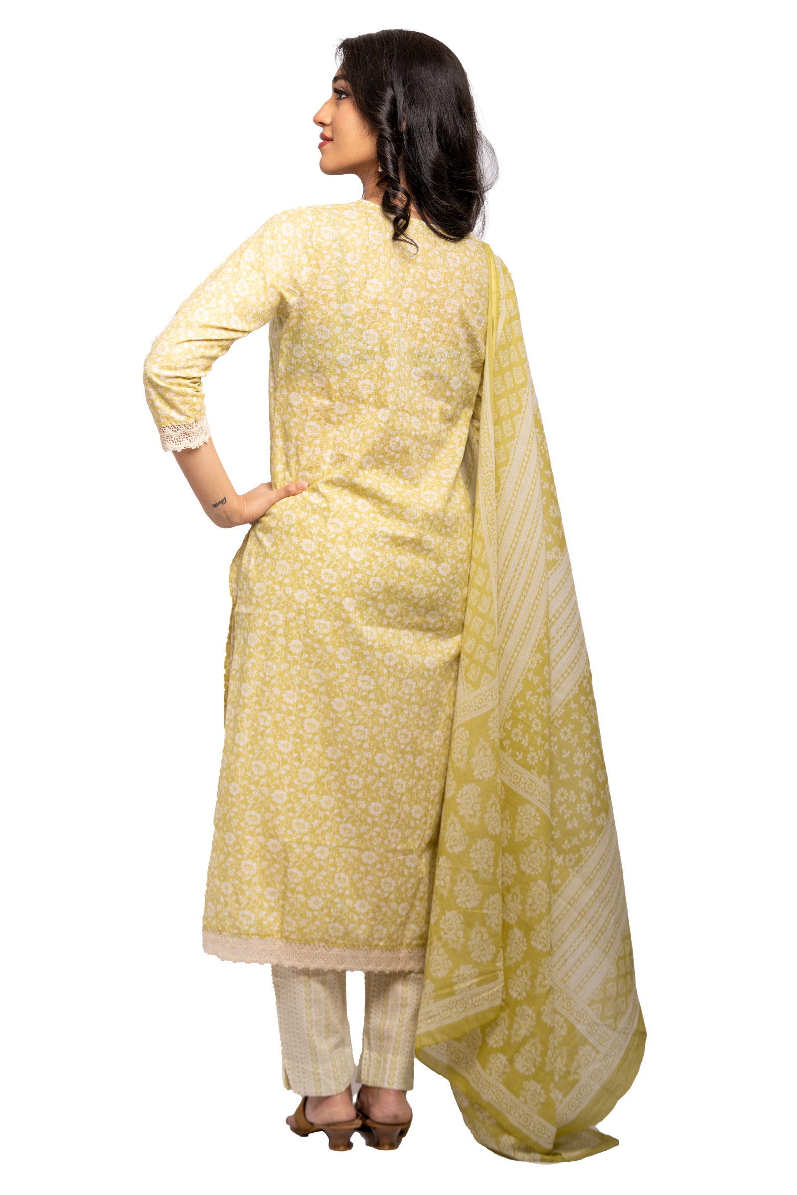 3 Piece Salwar - 100% Cotton pastel green salwar with white floral prints and light crochet work. White and pastel green 2 metre long dupatta and pant with floral prints matching the salwar.