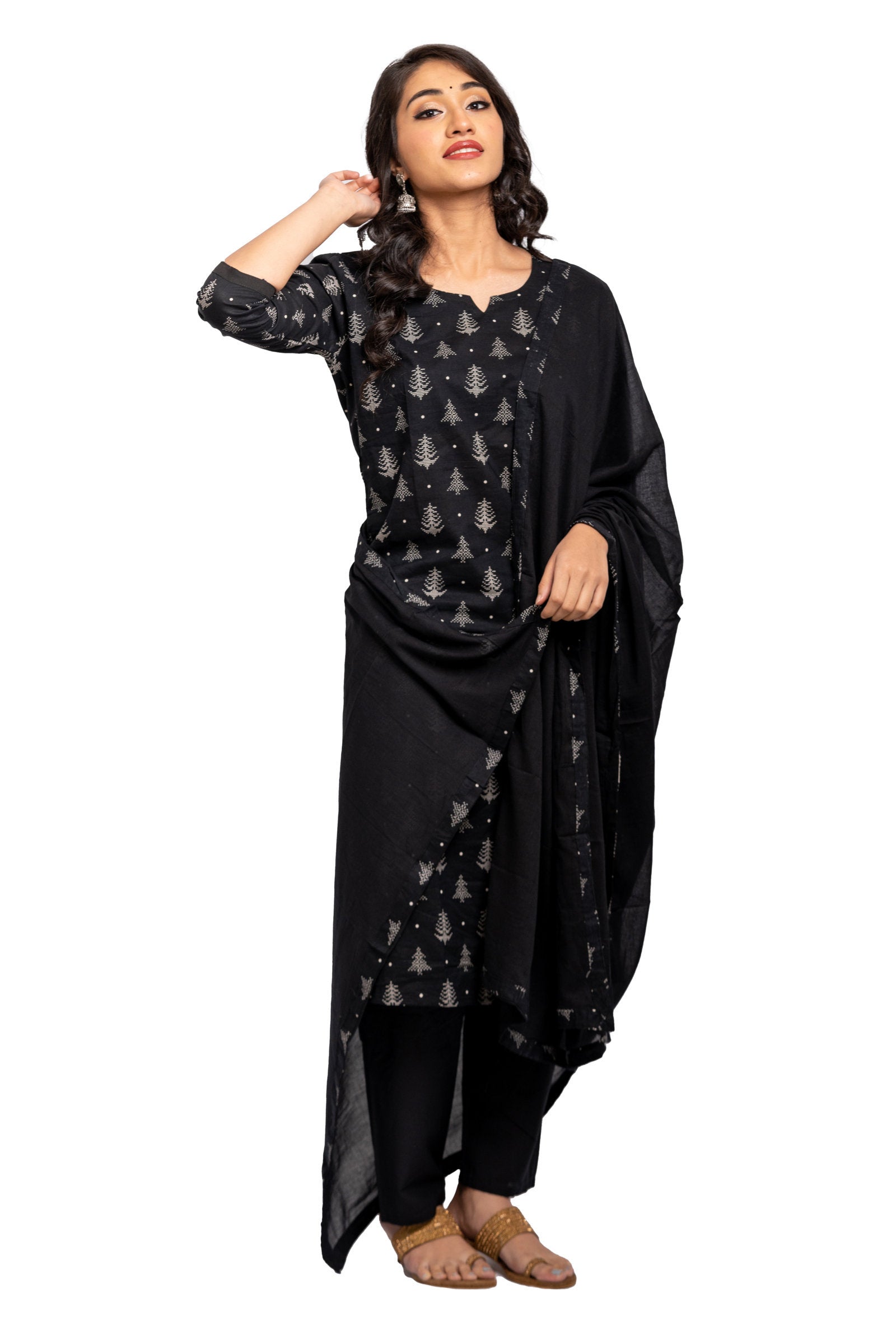 3 Piece Salwar - 100% Cotton black salwar with white prints. Plain black 2 metre long dupatta with edge design matching the salwar fabric. Plain black pants matching the dupatta.