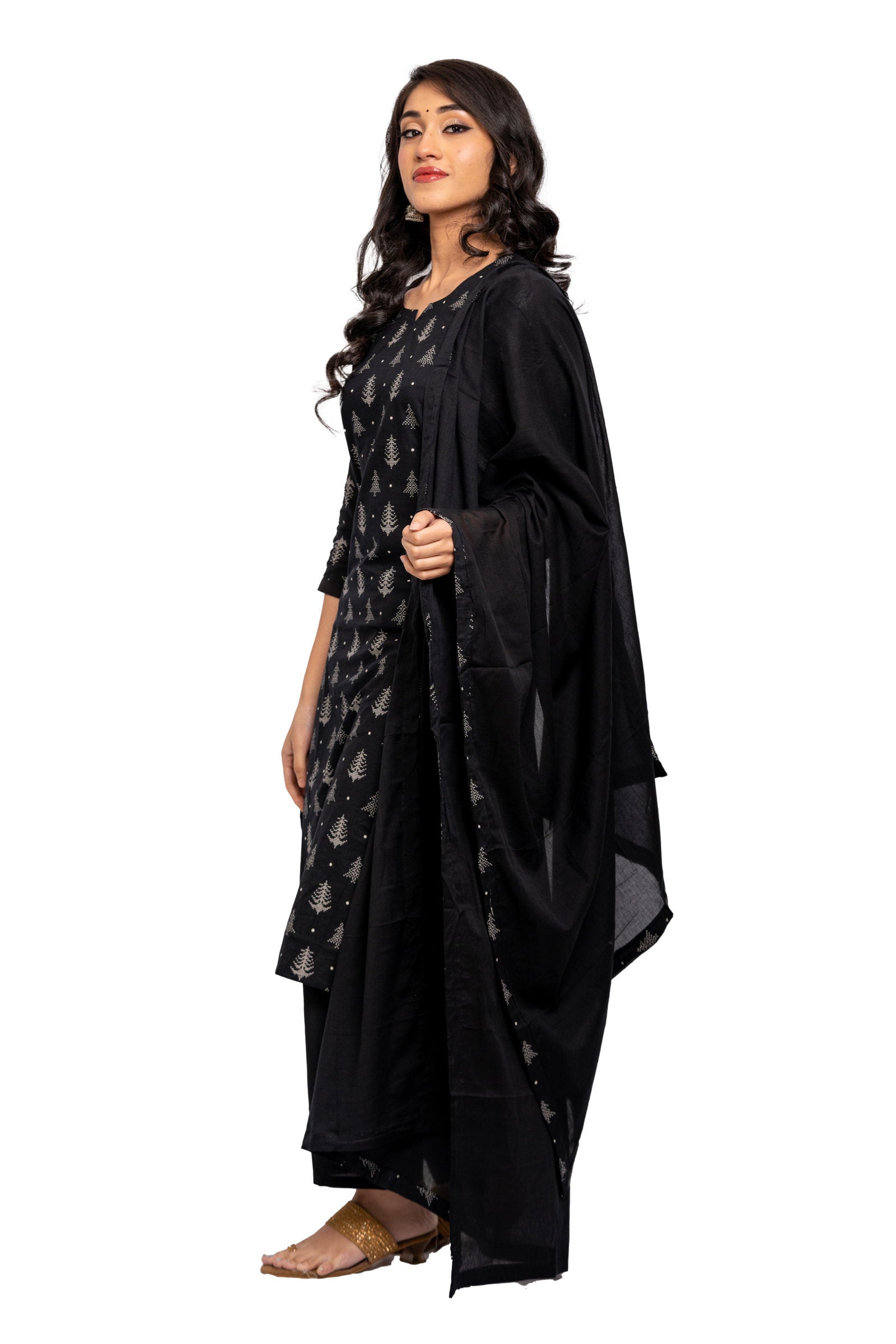 3 Piece Salwar - 100% Cotton black salwar with white prints. Plain black 2 metre long dupatta with edge design matching the salwar fabric. Plain black pants matching the dupatta.