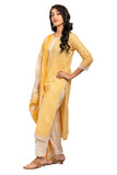 3 Piece Salwar - 100% Cotton yellow salwar with white prints and light crochet work. White and yellow 2 metre long dupatta and pant with floral prints matching the salwar.