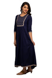 Full Gown - Dark blue full gown with rich embroidery and mirror work in the front and gather detail. 3/4th Sleeve with matching embroidery at the tip. Round neck. Flared hemline deriving from the gather detail with matching embroidery. Rayon material.