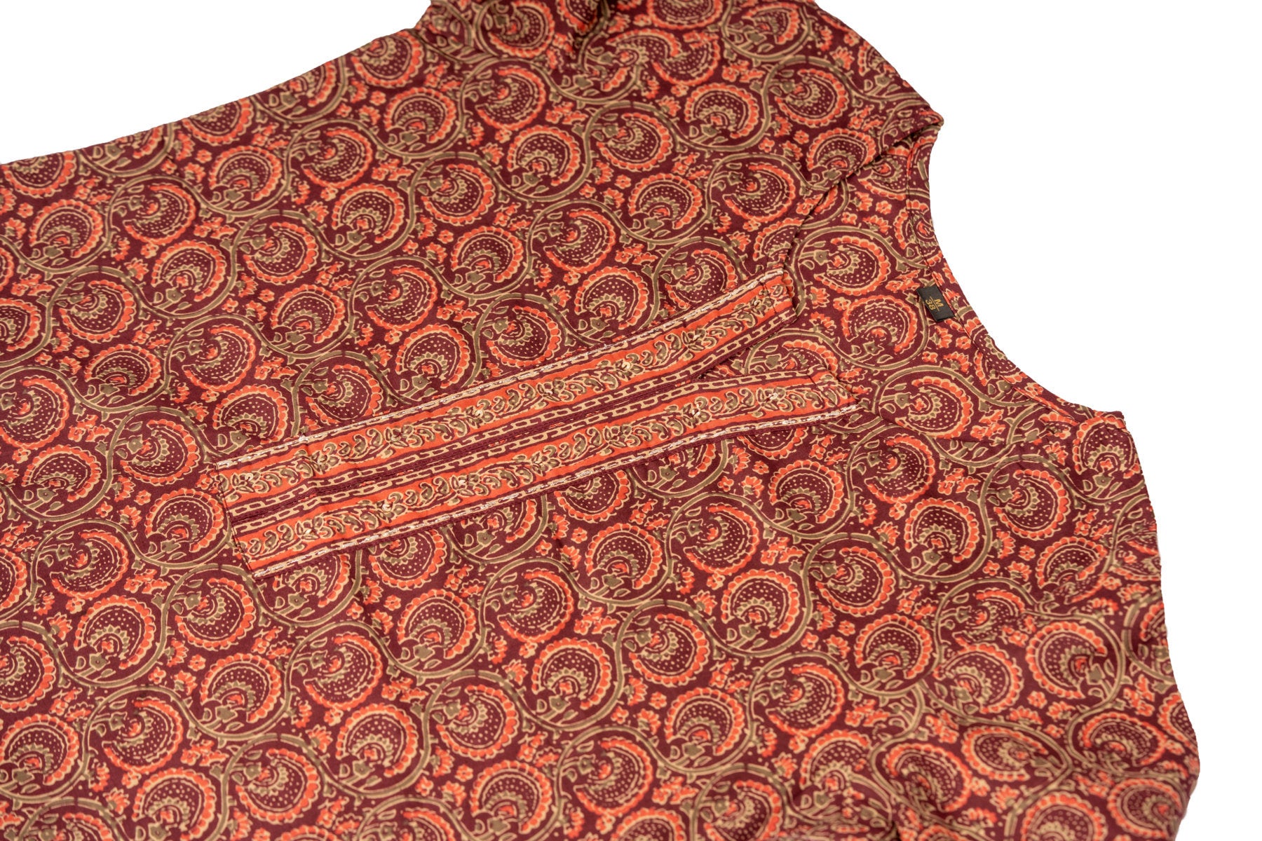 3 Piece Salwar - 100% Cotton maroon salwar in block printed design with crochet work at the bottom. Magenta 2 metre long dupatta with edge design matching the salwar.