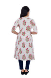 A Line Kurti beige color with pink & pastel green block prints