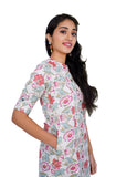 A Line Kurti beige color with pink & pastel green prints