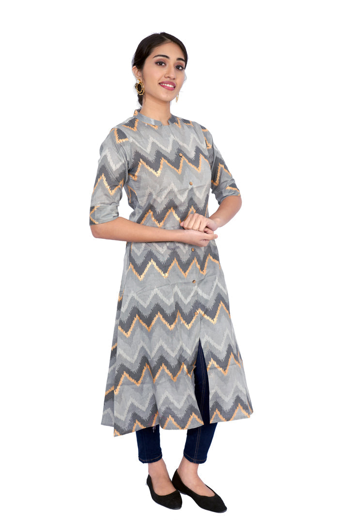 A line Kurti grey color with black and gold ikkat design