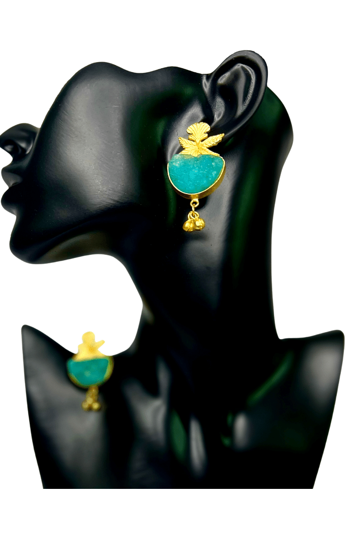 Gold plated blue raw stone stud earring - Hand crafted earring - Statement jewellery