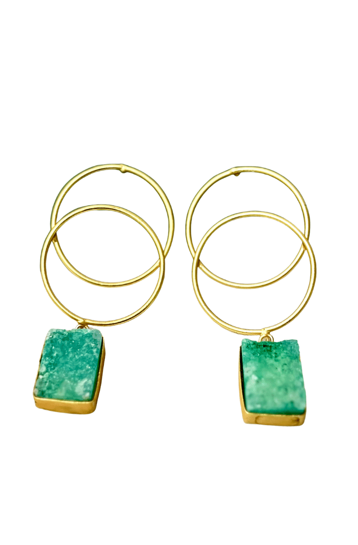 Gold plated earring -Hoops with amazonite green stone - Hand crafted earring - Statement jewellery