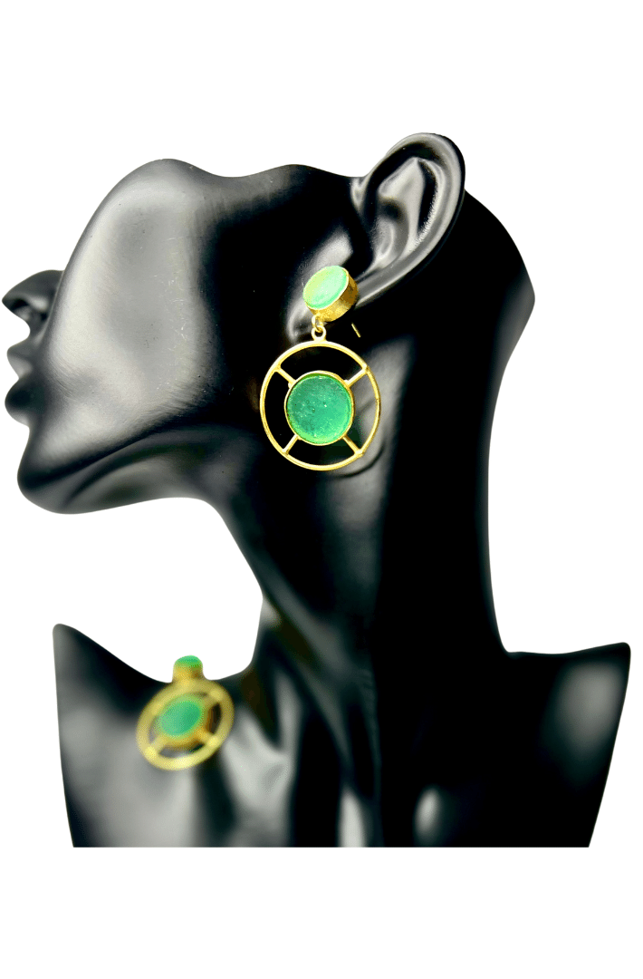 Gold plated earring - Hoops with raw green stone - Hand crafted earring - Statement jewellery