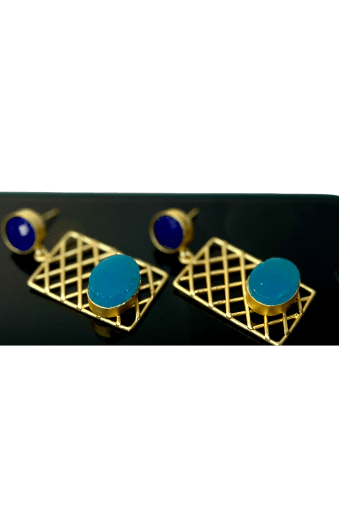 Gold plated earring with deep sky blue stones and navy blue stones - Hand crafted earring - Statement jewellery