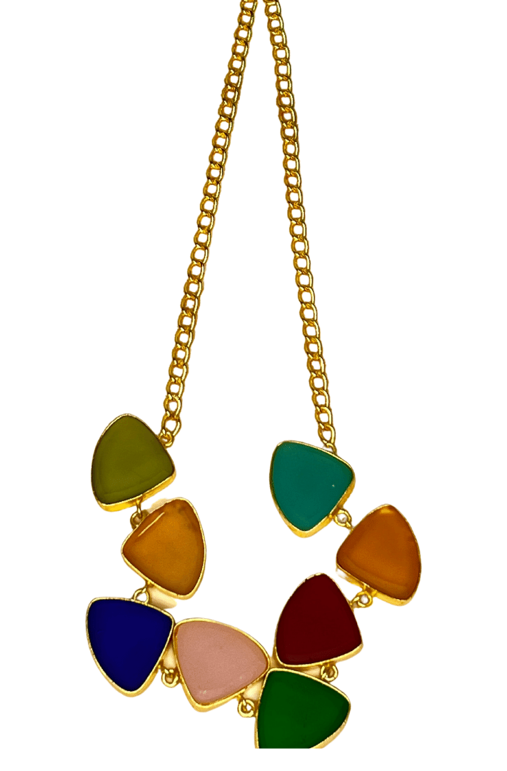 Gold plated necklace & earrings - Short neckpiece/choker with multicolor monalisa stones and earring- Handcrafted jewellery - Statement jewellery