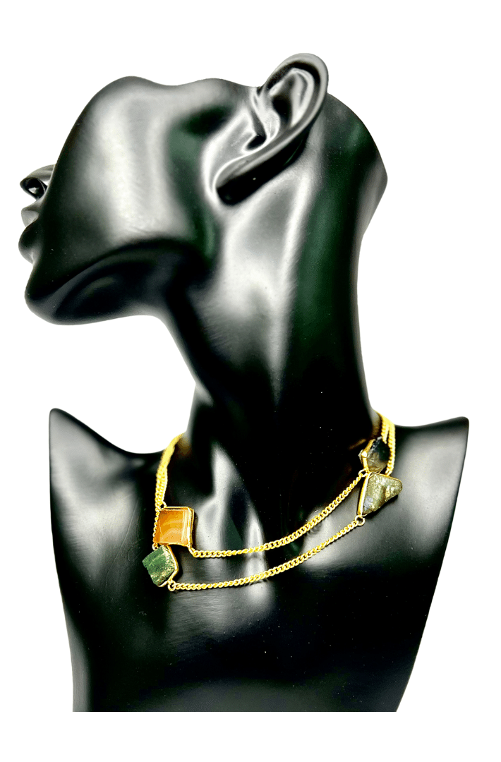 Gold Plated necklace - Long necklace with multicolor real barouk stone - Handcrafted jewellery - Statement jewellery