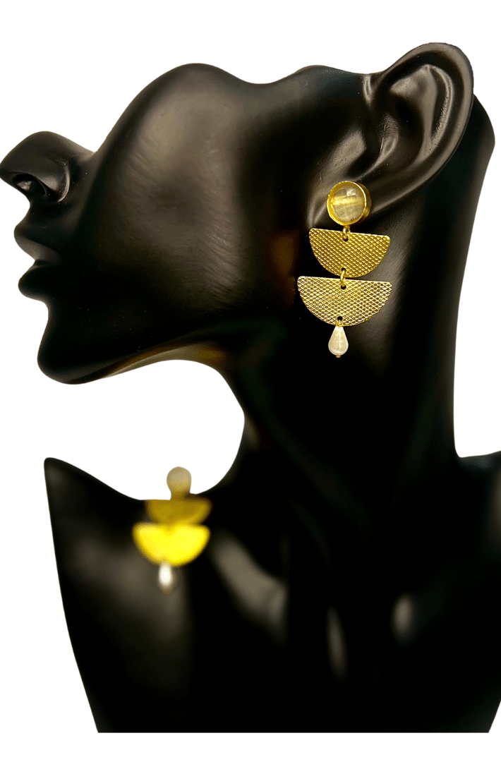 Gold plated semi circle earring with real transparent glossy stones  - Hand crafted earring - Statement jewellery