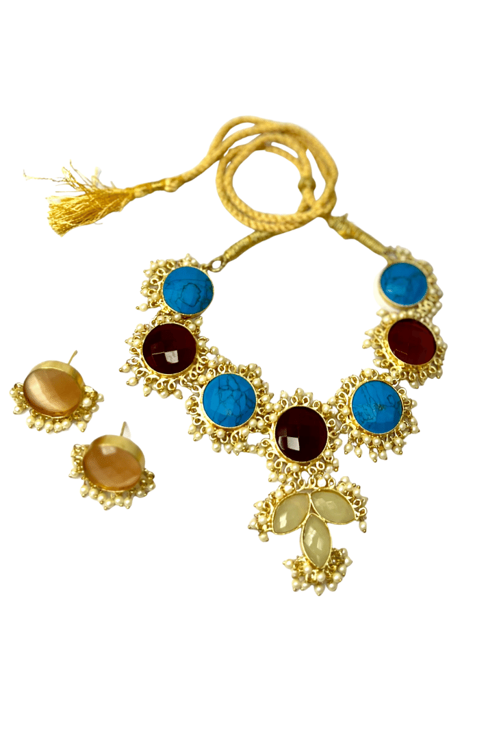 Gold plated short necklace/choker with multi color real monalisa stones and pearl works with earrings- Handcrafted jewellery - Statement jewellery