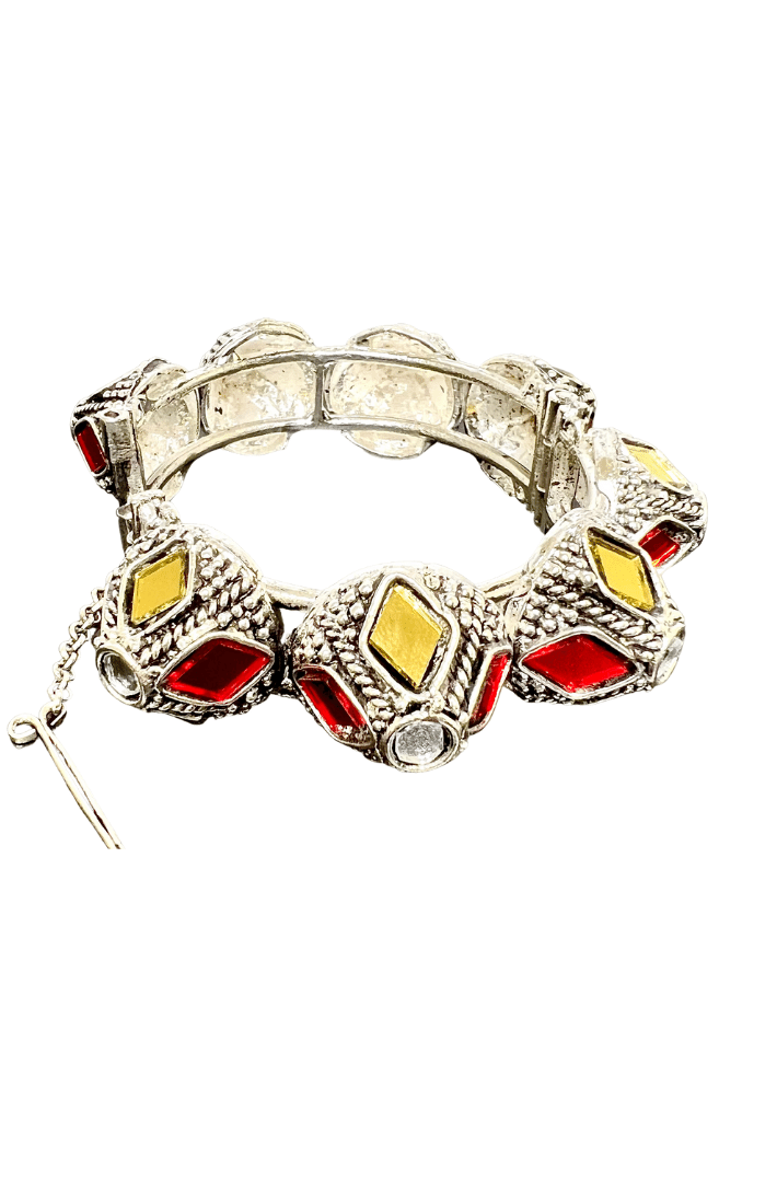 Oxidized bangle with multi color mirror detailing - Slip on closure - Afghani jewellery
