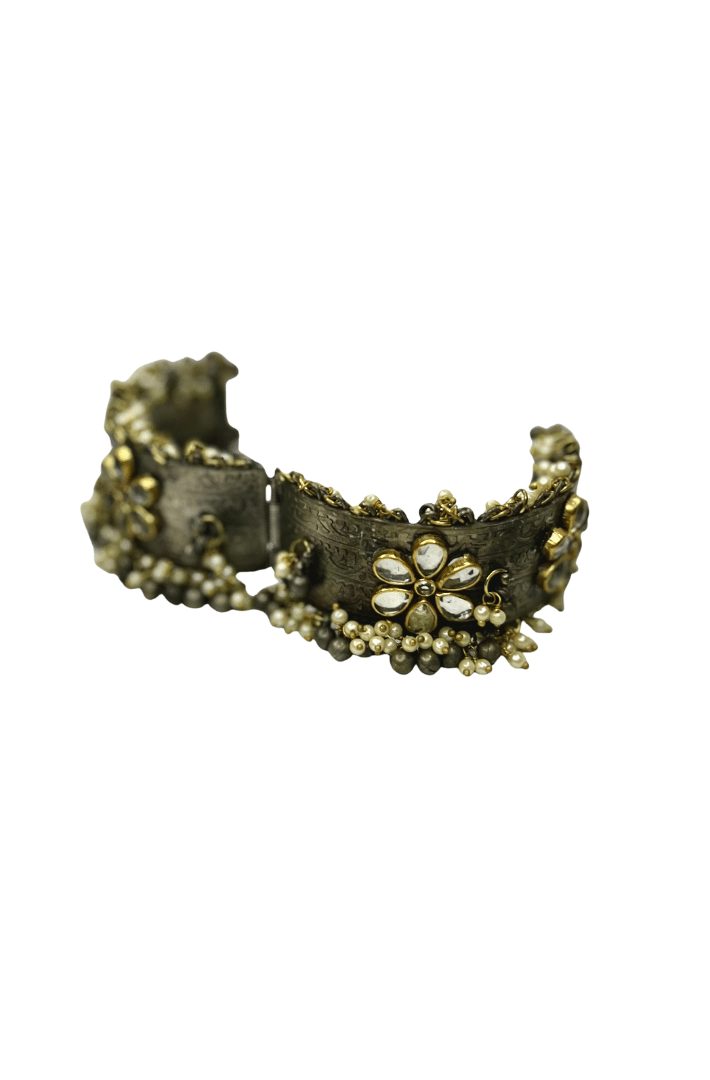 Oxidized Bangles - Dual tone with pearl hanging and slip on closure - Traditional jewellery