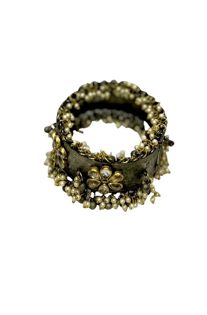 Oxidized Bangles - Dual tone with pearl hanging and slip on closure - Traditional jewellery