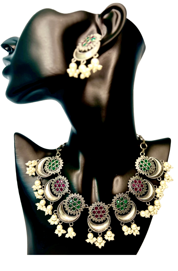 Oxidized Necklace & Earrings -Necklace with multi color stones,pearl hanging and earrrings