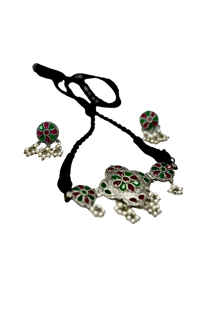 Oxidized Necklace & Earrings - Silver Toned Brass with multi colored stones and black thread, Indian oxidized jewellery, Handmade jewellery set