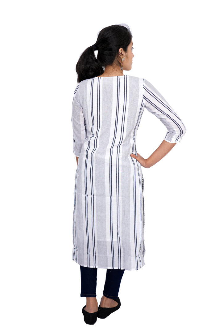 Straigh kurti - White color with Blue Stripes
