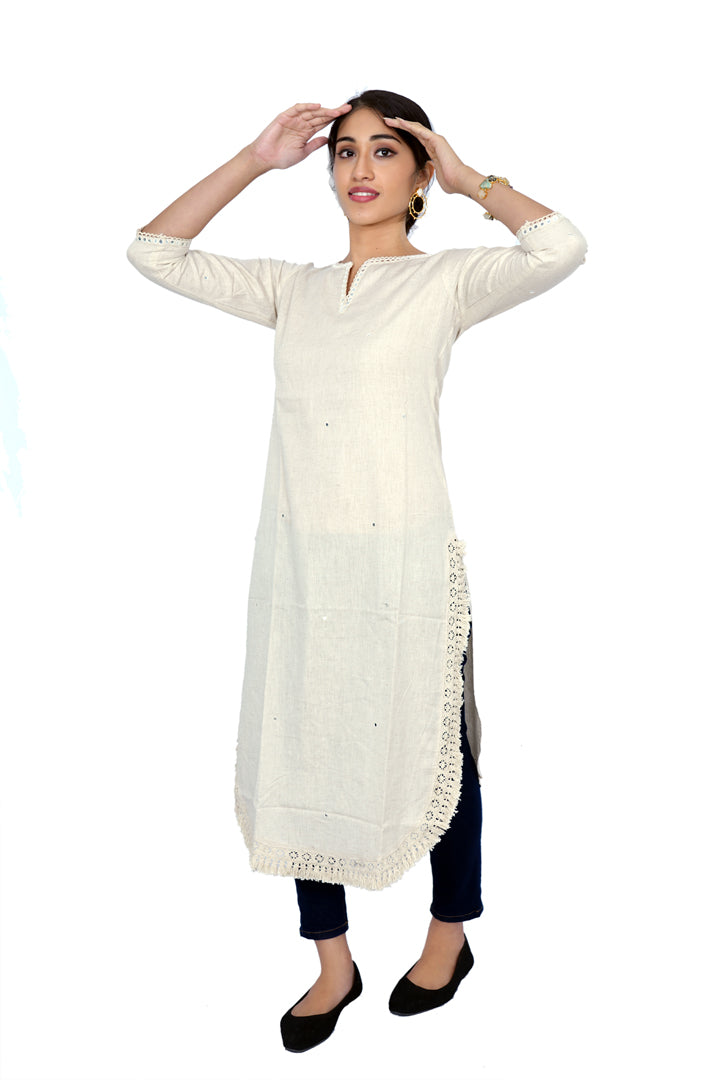 Straight Kurti beige color with mirror work