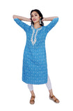 Straight Kurti - Blue with beige neck embroidery