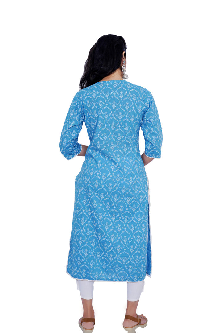 Straight Kurti - Blue with beige neck embroidery
