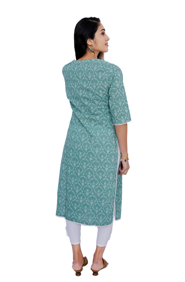 Straight Kurti - Pastel green with beige neck embroidery