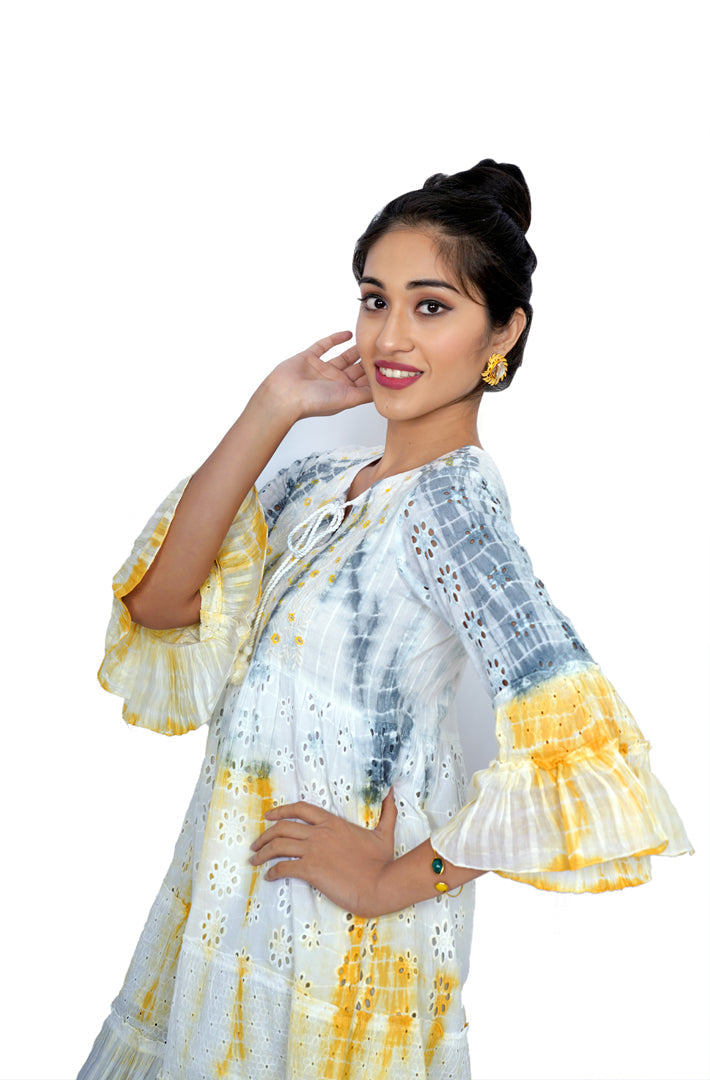 Tunic - White color with grey and yellow chickenkari works